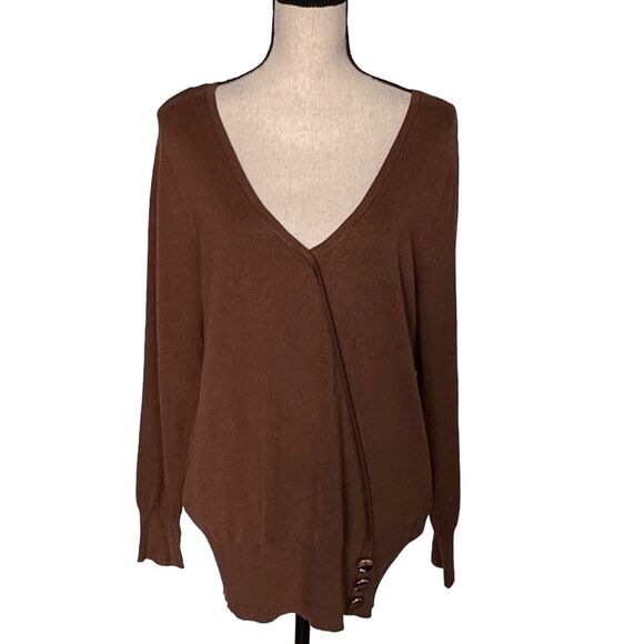 JM Collection Medium Sweater V-Neck Long Sleeve Stretch TIght-Knit Brown New - Picture 1 of 7